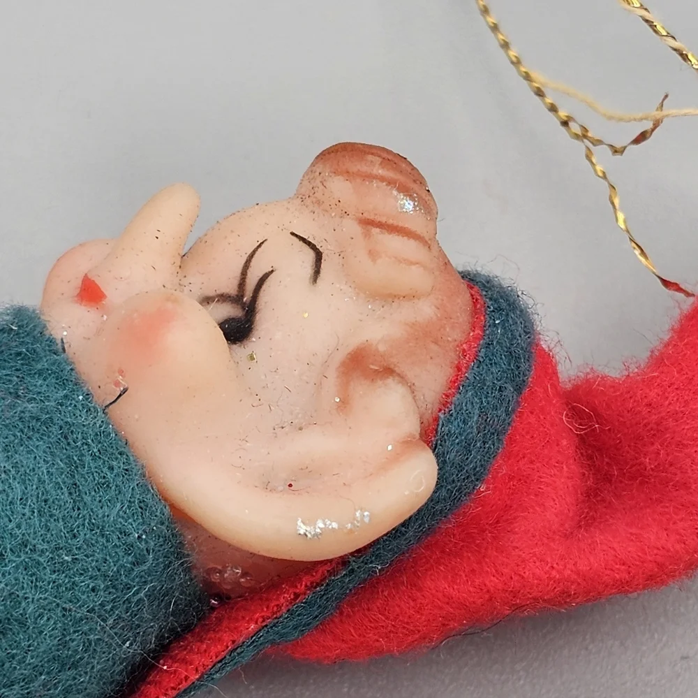 Knee Hugger Elf Pixie Vtg Lot Christmas Ornaments Molded Face Red 1950s MCM Flaw